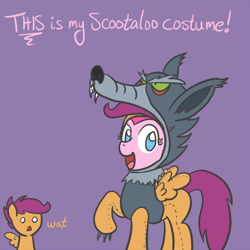 Size: 650x650 | Tagged: safe, artist:atlur, ponerpics import, pinkie pie, scootaloo, earth pony, pony, animal costume, clothes, costume, deleted from derpibooru, wolf costume