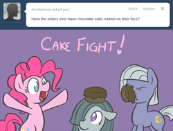 Size: 650x491 | Tagged: safe, artist:atlur, ponerpics import, limestone pie, marble pie, pinkie pie, earth pony, pony, ask, ask the pie sisters, cake, deleted from derpibooru, pie sisters