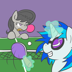 Size: 800x800 | Tagged: safe, artist:atlur, ponerpics import, dj pon-3, octavia melody, vinyl scratch, earth pony, pony, deleted from derpibooru, octavia is not amused, ping pong, table tennis, unamused