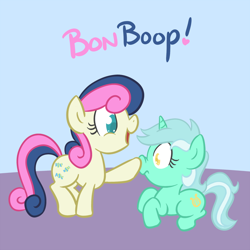 Size: 700x700 | Tagged: safe, artist:atlur, ponerpics import, bon bon, lyra heartstrings, sweetie drops, earth pony, pony, unicorn, adorabon, blue background, bonafied, bonpun, boop, cute, deleted from derpibooru, exclamation point, female, filly, frown, happy, heart, lesbian, lyrabon, nose wrinkle, open mouth, prone, shipping, simple background, smiling, surprised, tumblr, wide eyes, younger