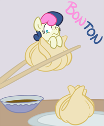 Size: 573x700 | Tagged: safe, artist:atlur, ponerpics import, bon bon, sweetie drops, adorabon, bonafied, bonpun, chopsticks, cute, deleted from derpibooru, ponies in food, pony as food, pun, tumblr, wide eyes, wonton