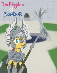 Size: 625x800 | Tagged: safe, artist:atlur, ponerpics import, bon bon, caramel, sweetie drops, armor, bonafied, bonpun, crossover, deleted from derpibooru, gondor, lord of the rings, spear, white tree of gondor