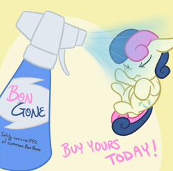 Size: 800x792 | Tagged: safe, artist:atlur, ponerpics import, bon bon, sweetie drops, bon bon is not amused, bonafied, bonpun, deleted from derpibooru, eyes closed, female, pest control, scrunchy face, solo, spray bottle