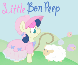 Size: 800x668 | Tagged: safe, artist:atlur, ponerpics import, bon bon, sweetie drops, sheep, bonafied, bonpun, clothes, deleted from derpibooru, dress, little bo peep, pun