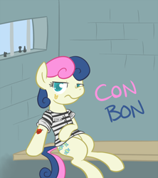 Size: 800x901 | Tagged: safe, artist:atlur, ponerpics import, bon bon, lyra heartstrings, sweetie drops, bon bon is not amused, bonafied, bonpun, chess, clothes, deleted from derpibooru, female, implied lesbian, implied lyra, jail, lesbian, looking at you, lyrabon, prison, prison outfit, prisoner, shipping, shirt, solo, tattoo, unamused