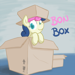 Size: 650x650 | Tagged: safe, artist:atlur, ponerpics import, bon bon, sweetie drops, earth pony, pony, bonafied, bonpun, box, deleted from derpibooru, female, hooves, mare, pony in a box, pun, smiling, solo, text, tumblr