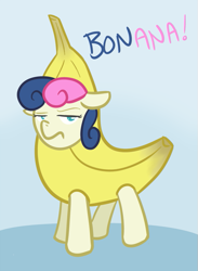 Size: 511x700 | Tagged: safe, artist:atlur, ponerpics import, bon bon, sweetie drops, banana, bon bon is not amused, bonafied, bonpun, deleted from derpibooru, pun, solo, unamused