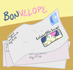 Size: 650x624 | Tagged: safe, artist:atlur, ponerpics import, bon bon, princess celestia, princess luna, sweetie drops, alicorn, pony, bon bon is not amused, bonafied, bonpun, deleted from derpibooru, envelope, micro, solo, tiny ponies