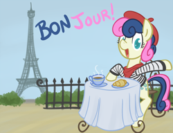 Size: 800x613 | Tagged: safe, artist:atlur, ponerpics import, bon bon, sweetie drops, beret, bonafied, bonpun, cafe, coffee, croissant, deleted from derpibooru, eiffel tower, france, french, solo