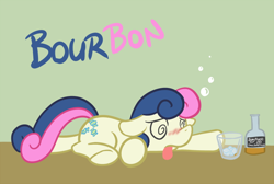 Size: 650x437 | Tagged: safe, artist:atlur, ponerpics import, bon bon, sweetie drops, alcohol, bonafied, bonpun, bourbon, deleted from derpibooru, drunk, drunk bubbles, pun, solo, swirly eyes, whiskey