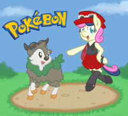 Size: 880x800 | Tagged: safe, artist:atlur, ponerpics import, bon bon, sweetie drops, pony, bipedal, bonafied, bonpun, clothes, crossover, deleted from derpibooru, hat, pokémon, pokémon x and y, pun, skiddo