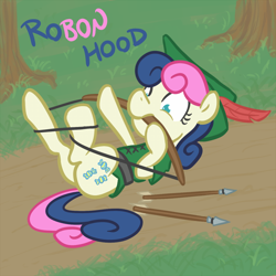 Size: 650x650 | Tagged: safe, artist:atlur, ponerpics import, bon bon, sweetie drops, arrow, bonafied, bonpun, bow (weapon), deleted from derpibooru, fail, mouth hold, pun, robin hood, solo, tangled up