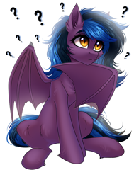 Size: 2500x3300 | Tagged: safe, artist:hakaina, derpibooru import, oc, oc only, oc:stormy night, bat pony, female, mare, question mark, sitting