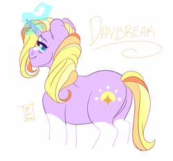 Size: 2480x2303 | Tagged: safe, artist:rainbowfactory20, derpibooru import, oc, oc only, oc:daybreak, pony, unicorn, butt, coat markings, glowing horn, horn, looking back, offspring, parent:starlight glimmer, parent:sunburst, parents:starburst, plot, simple background, socks (coat marking), solo, white background