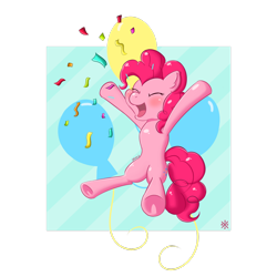 Size: 1600x1600 | Tagged: safe, artist:auro-ria, ponerpics import, pinkie pie, earth pony, pony, anatomically incorrect, confetti, cute, cutie mark background, diapinkes, ear fluff, ears, eyes closed, frog (hoof), happy, incorrect leg anatomy, open mouth, solo, underhoof