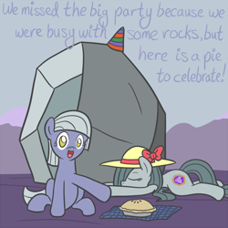 Size: 650x650 | Tagged: safe, artist:atlur, ponerpics import, limestone pie, marble pie, tom, ask, ask the pie sisters, deleted from derpibooru, hat, tumblr