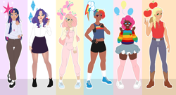 Size: 9280x5000 | Tagged: safe, artist:ohhoneybee, derpibooru import, applejack, fluttershy, pinkie pie, rainbow dash, rarity, twilight sparkle, human, abs, alternate hairstyle, applejack's hat, belly button, blushing, boots, breasts, clothes, converse, cowboy boots, cowboy hat, dark skin, diversity, ear piercing, earring, elf ears, eyeshadow, female, fingerless gloves, freckles, glasses, gloves, grin, hat, heart, high heel boots, humanized, jeans, jewelry, lipstick, makeup, mane six, midriff, nail polish, necklace, open mouth, overalls, pants, peace sign, piercing, scar, shoes, shorts, skirt, smiling, sneakers, socks, sports shorts, stockings, sweater, tanktop, thigh highs, wall of tags