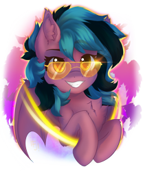 Size: 1600x1900 | Tagged: safe, artist:falafeljake, derpibooru import, oc, oc only, oc:stormy night, bat pony, bat pony oc, chest fluff, simple background, smiling, solo, sunglasses, transparent background, vaporwave