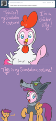 Size: 650x1393 | Tagged: safe, artist:atlur, ponerpics import, pinkie pie, scootaloo, chicken, earth pony, pony, wolf, animal costume, ask, ask the pie sisters, clothes, comic, costume, deleted from derpibooru, scootawolf, tumblr, wolf costume