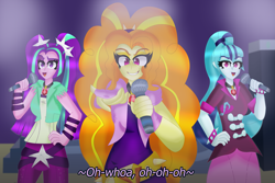 Size: 4181x2796 | Tagged: safe, artist:eeveeglaceon, derpibooru import, adagio dazzle, aria blaze, sonata dusk, equestria girls, rainbow rocks, belt, clothes, dress, eyeshadow, female, fingerless gloves, gem, gloves, grin, jacket, makeup, microphone, open mouth, pants, scene interpretation, singing, siren gem, skirt, smiling, spiked wristband, stage, the dazzlings, trio, under our spell, vest, wristband