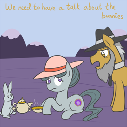 Size: 650x650 | Tagged: safe, artist:atlur, ponerpics import, igneous rock pie, marble pie, rabbit, ask, ask the pie sisters, deleted from derpibooru, hat, quartzrock, tumblr