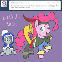 Size: 650x650 | Tagged: safe, artist:atlur, ponerpics import, marble pie, pinkie pie, earth pony, pony, ask, ask the pie sisters, bard, clothes, costume, deleted from derpibooru, final fantasy, geomancer, tumblr