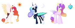 Size: 1280x478 | Tagged: safe, artist:lilaclavender18, artist:selenaede, derpibooru import, princess cadance, princess celestia, princess luna, alicorn, changepony, hybrid, pony, alternate design, base used, bat wings, cloven hooves, crown, jewelry, leonine tail, regalia, simple background, species swap, unshorn fetlocks, white background, wings