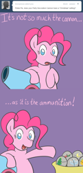 Size: 650x1340 | Tagged: safe, artist:atlur, ponerpics import, pinkie pie, earth pony, pony, ask, ask the pie sisters, comic, deleted from derpibooru, female, mare, partillery, party cannon, solo, tumblr