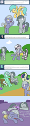 Size: 650x2729 | Tagged: safe, artist:atlur, ponerpics import, bon bon, limestone pie, lyra heartstrings, marble pie, sunshower raindrops, sweetie drops, oc, oc:fetchbeer, zebra, ask, ask the pie sisters, bench, comic, deleted from derpibooru, tumblr