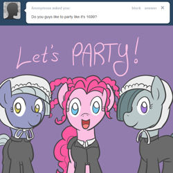 Size: 650x650 | Tagged: safe, artist:atlur, ponerpics import, limestone pie, marble pie, pinkie pie, earth pony, pony, amish paradise, ask, ask the pie sisters, clothes, deleted from derpibooru, hilarious in hindsight, tumblr, weird al yankovic