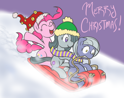 Size: 1280x1019 | Tagged: safe, artist:atlur, ponerpics import, limestone pie, marble pie, pinkie pie, earth pony, pony, ask, ask the pie sisters, clothes, deleted from derpibooru, hat, scarf, sled, snow, tumblr, winter