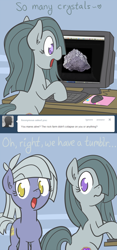 Size: 650x1392 | Tagged: safe, artist:atlur, ponerpics import, limestone pie, marble pie, ask, ask the pie sisters, comic, computer, crystal, deleted from derpibooru, tumblr