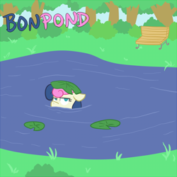 Size: 600x600 | Tagged: safe, artist:atlur, ponerpics import, bon bon, sweetie drops, bon bon is not amused, bonafied, bonpun, deleted from derpibooru, pond, solo, swimming