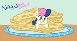 Size: 800x429 | Tagged: safe, artist:atlur, ponerpics import, bon bon, sweetie drops, bonafied, bonpun, bread, deleted from derpibooru, naan, solo