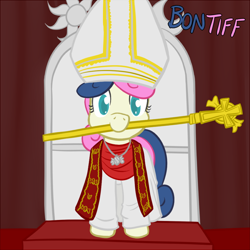 Size: 650x650 | Tagged: safe, artist:atlur, ponerpics import, bon bon, sweetie drops, bonafied, bonpun, catholicism, christianity, cross, deleted from derpibooru, mouth hold, pontiff, pope, popess, solo