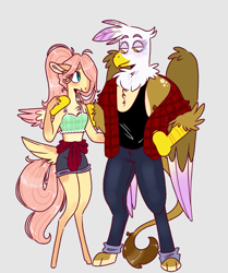 Size: 1715x2048 | Tagged: safe, artist:doodlebetch, derpibooru import, fluttershy, gilda, anthro, digitigrade anthro, unguligrade anthro, arm around back, clothes, female, gildashy, gray background, hair over one eye, hand on hip, hand on shoulder, jeans, lesbian, mare, midriff, pants, plaid shirt, ponytail, shipping, shirt, shorts, simple background, size difference, tail feathers