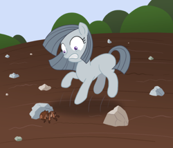 Size: 850x731 | Tagged: safe, artist:atlur, ponerpics import, marble pie, earth pony, pony, spider, arachnophobia, deleted from derpibooru, female, rock, rock farm, solo