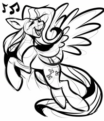 Size: 1280x1494 | Tagged: safe, artist:frivomutt, derpibooru import, fluttershy, pegasus, pony, black and white, eyes closed, grayscale, monochrome, music notes, open mouth, simple background, singing, sketch, solo, white background