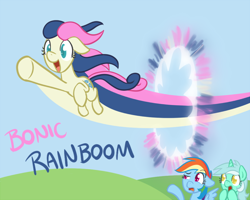 Size: 700x560 | Tagged: safe, artist:atlur, ponerpics import, bon bon, lyra heartstrings, rainbow dash, sweetie drops, pegasus, pony, bon bon is amused, bonafied, bonpun, deleted from derpibooru, ears, floppy ears, flying, how, open mouth, pun, rainbow dash is not amused, raised eyebrow, smiling, sonic rainboom, sonic xboom, windswept mane