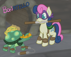 Size: 700x560 | Tagged: safe, artist:atlur, ponerpics import, bon bon, sweetie drops, tank, turtle, bonafied, bonpun, crossover, deleted from derpibooru, donatello, mask, michelangelo, mouth hold, pizza, pun, saddle, smiling, teenage mutant ninja turtles