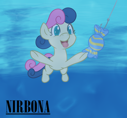 Size: 650x603 | Tagged: safe, artist:atlur, ponerpics import, bon bon, sweetie drops, album cover, bonafied, bonpun, candy, deleted from derpibooru, nevermind, nirvana, open mouth, parody, pun, tongue out, underwater