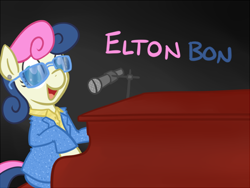 Size: 700x525 | Tagged: safe, artist:atlur, ponerpics import, bon bon, sweetie drops, bonafied, bonpun, clothes, deleted from derpibooru, elton john, looking at you, microphone, open mouth, piano, pun, sitting, smiling, solo, sunglasses