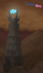Size: 540x900 | Tagged: safe, artist:atlur, ponerpics import, bon bon, sweetie drops, barad-dûr, bonafied, bonpun, crossover, deleted from derpibooru, eye of sauron, lord of the rings, sauron, tower