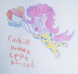 Size: 1280x1220 | Tagged: safe, artist:dex stewart, derpibooru import, pinkie pie, earth pony, pony, balloon, clown, it, left hand drawing, pennywise, solo, traditional art