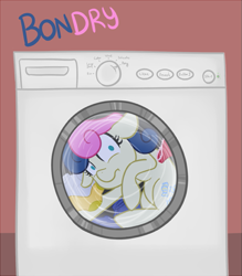 Size: 525x600 | Tagged: safe, artist:atlur, ponerpics import, bon bon, sweetie drops, bonafied, bonpun, clothes, deleted from derpibooru, ears, floppy ears, frown, laundry, looking at you, solo, washing machine, wide eyes