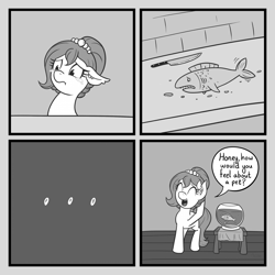 Size: 1200x1200 | Tagged: safe, artist:atlur, ponerpics import, oc, oc only, oc:brownie bun, fish, comic, crying, deleted from derpibooru, dialogue, ear fluff, ears, eyes closed, fishbowl, good end, grayscale, knife, monochrome, sad, solo, speech bubble, teary eyes