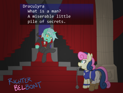 Size: 800x608 | Tagged: safe, artist:atlur, ponerpics import, bon bon, lyra heartstrings, sweetie drops, earth pony, pony, unicorn, bonafied, bonpun, castlevania, castlevania: symphony of the night, clothes, deleted from derpibooru, dracula, glare, morning star, mouth hold, plot, pun, richter belmont, sitting, throne, throne slouch, what is a man
