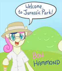 Size: 565x650 | Tagged: safe, artist:atlur, ponerpics import, bon bon, sweetie drops, pony, bipedal, bonafied, bonpun, cane, clothes, deleted from derpibooru, glasses, hat, john hammond, jurassic park, open mouth, pun, solo