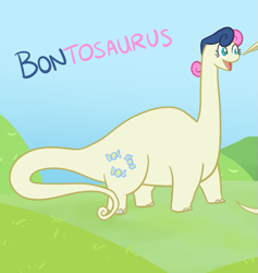 Size: 617x650 | Tagged: safe, artist:atlur, ponerpics import, bon bon, sweetie drops, dinosaur, bon bon is amused, bonafied, bonpun, brontosaurus, deleted from derpibooru, dinosaurified, prehistoric, pun, species swap, tumblr