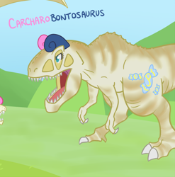 Size: 494x499 | Tagged: safe, artist:atlur, ponerpics import, bon bon, sweetie drops, dinosaur, africa, algeria, bonafied, bonpun, carcharodontosaurus, cretaceous, deleted from derpibooru, dinosaurified, egypt, jurassic park, mesozoic, morocco, niger, north africa, open mouth, prehistoric, species swap, theropod